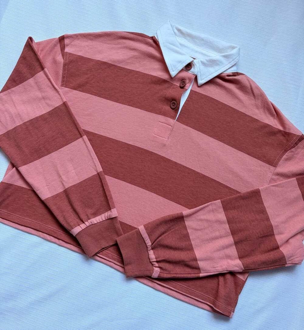 SO Striped Long Sleeve Rugby Polo Shirt Size S Pink Y2K